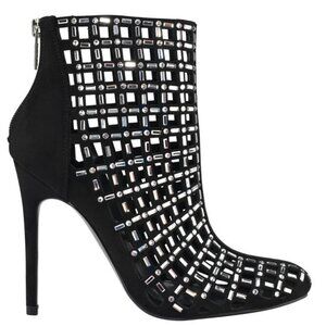 NIB! GUESS Randir Black Suede Crystal Upper Round Stiletto Heel Ankle Booties 9M